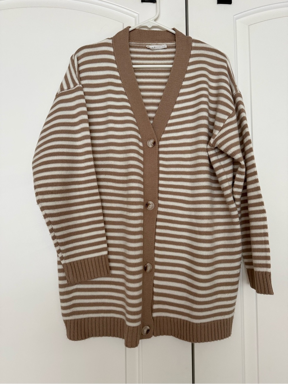 Carly Jean Los Angeles Tan and White Striped Button Cardigan
